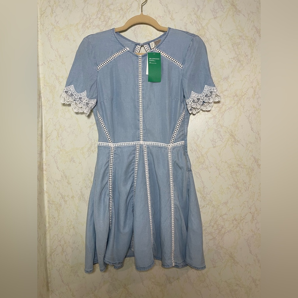 H&M Blue Fit and Flare Lace Sleeve Open Back Dress